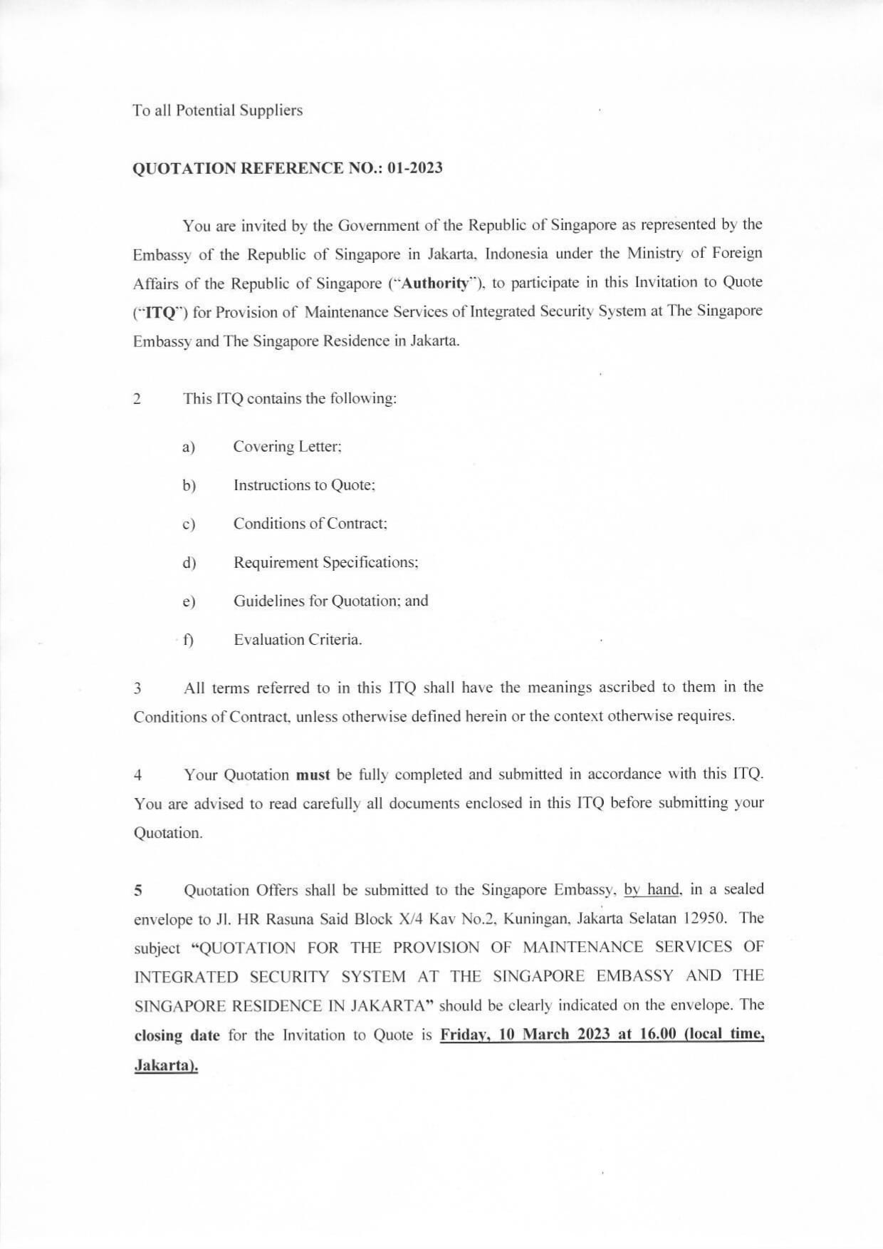 Document with text: Invitation to Quote (ITQ) from the Singapore Embassy in Jakarta.